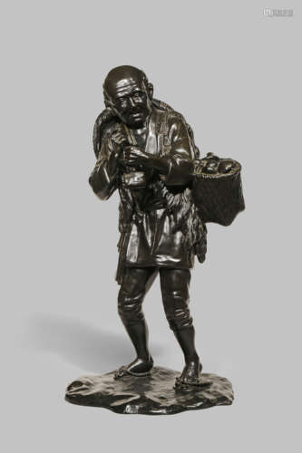 A LARGE JAPANESE BRONZE FIGURE, OKIMONO MEIJI 1868-1912 Cast as an elderly man holding a pipe and