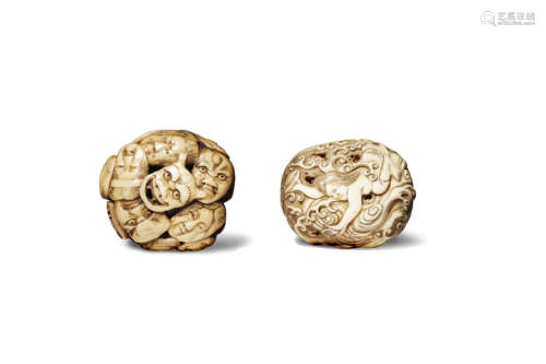 TWO JAPANESE NETSUKE MEIJI 1868-1912 One pebble-shaped and made of stag antler, the surface carved