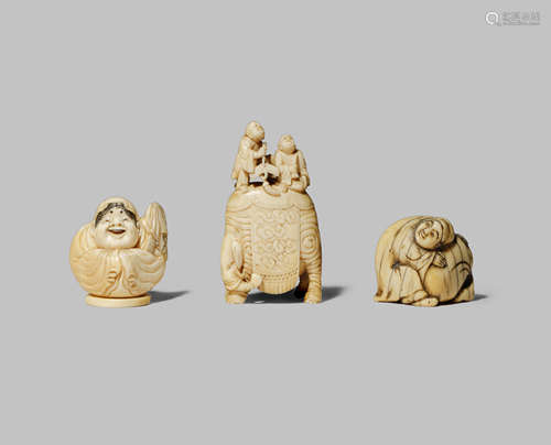 THREE JAPANESE IVORY NETSUKE EDO/MEIJI PERIODS One depicting a man lying against a large sack, his