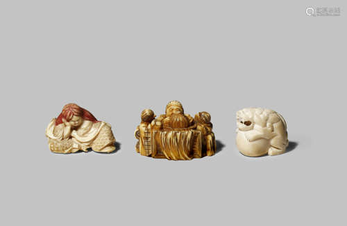 THREE JAPANESE IVORY NETSUKE EDO/MEIJI PERIODS One depicting a drunk shojo lying against a sake cup,