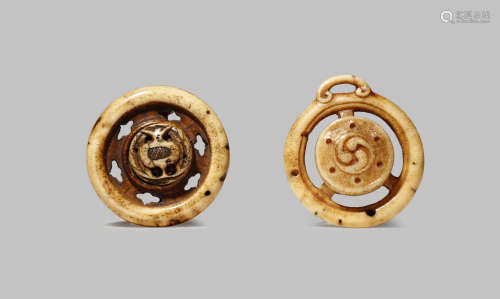 TWO JAPANESE STAG ANTLER RYUSA NETSUKE EDO/MEIJI PERIOD Both of circular form, one pierced with