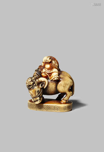 A GOOD JAPANESE IVORY NETSUKE MEIJI 1868-1912 Carved as Shohaku on a large ox, the scholar with a