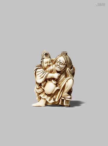 A JAPANESE IVORY NETSUKE EDO 1603-1868 Carved as Tadamori and the oil thief Abura Bozu, the hero