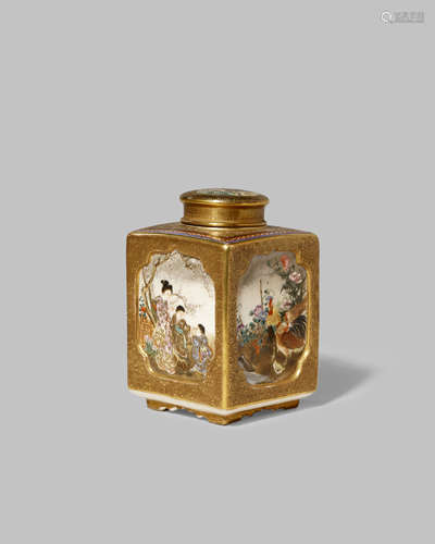 A JAPANESE SATSUMA MINIATURE TEA CADDY BY KINKOZAN MEIJI 1868-1912 The rectangular body decorated