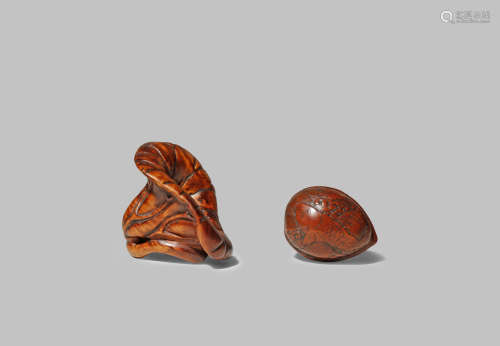 TWO JAPANESE NETSUKE MEIJI 1868-1912 One wood and depicting a stylised lotus flower, the conical
