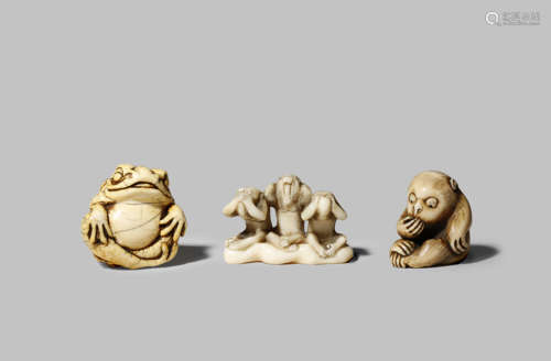 THREE JAPANESE NETSUKE MEIJI 1868-1912 Two in ivory and respectively carved as a benevolent-