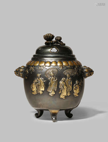 A JAPANESE MIXED METAL INCENSE BURNER, KORO TAISHO/SHOWA PERIOD The bulbous body with lion-head