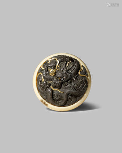 A JAPANESE KAGAMIBUTA NETSUKE EDO/MEIJI PERIOD With an ivory bowl and the lid in mixed metals,