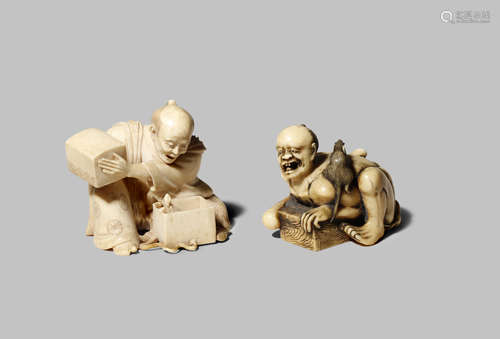 TWO JAPANESE IVORY OKIMONO MEIJI 1868-1912 One carved as a thwarted rat catcher, the man holding a