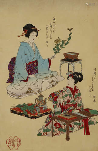 THREE JAPANESE WOODBLOCK PRINTS, UKIYO-E MEIJI 1868-1912 Two by Toyohara Chikanobu (1838-1912),