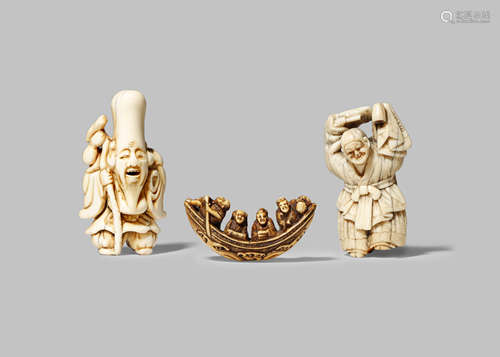 THREE JAPANESE IVORY NETSUKE EDO/MEIJI PERIOD The first carved as Fukurokuju standing holding a tall