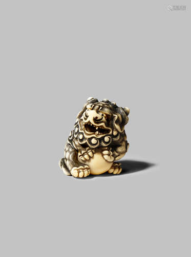 A JAPANESE IVORY NETSUKE EDO/MEIJI PERIOD Depicting a shishi, the lion dog holding a large ball