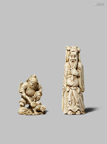 TWO JAPANESE IVORY NETSUKE MEIJI 1868-1912 One a tall depiction of the Chinese General Kan'u,