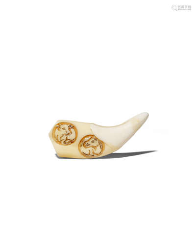 AN UNUSUAL JAPANESE BEAR TOOTH NETSUKE SHOWA 1926-1989 Carved with two small roundels enclosing a