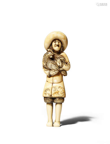 A JAPANESE IVORY NETSUKE OF A DUTCHMAN EDO 1603-1868 The tall foreigner wearing a large feathered