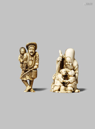 TWO JAPANESE IVORY NETSUKE MEIJI 1868-1912 One depicting the god Daikoku with his typical