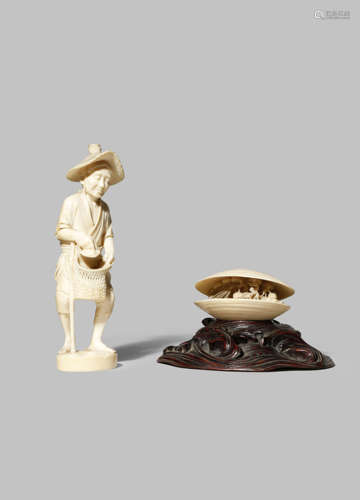 TWO JAPANESE IVORY CARVINGS, OKIMONO MEIJI 1868-1912 One depicting a fisherman picking a small