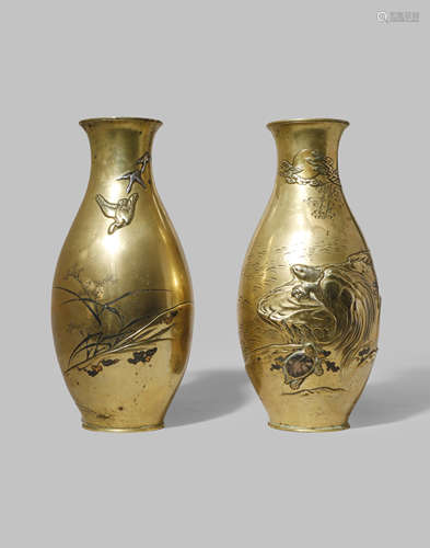 TWO JAPANESE MIXED METAL VASES MEIJI 1868-1912 Of similar size and baluster-shaped, one decorated