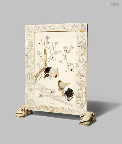 A JAPANESE IVORY AND SHIBAYAMA-STYLE TABLE SCREEN, TSUITATE MEIJI 1868-1912 The rectangular panel