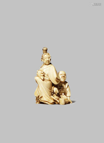 A JAPANESE IVORY NETSUKE MEIJI 1868-1912 Carved as an artist kneeling next to his sculpture of a