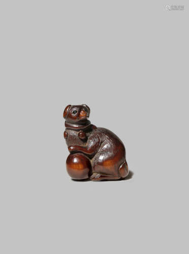 A JAPANESE WOOD NETSUKE OF A DOG EDO 1603-1868 Depicted seated on its haunches, its front left paw