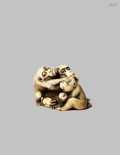 A JAPANESE IVORY NETSUKE OF THE SANBIKI NO SARU MEIJI 1868-1912 The three wise monkeys typically