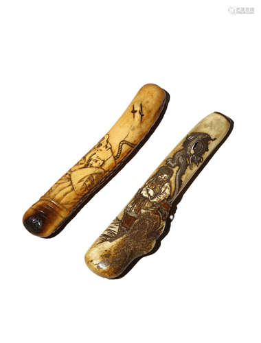 TWO JAPANESE STAG ANTLER PIPECASES, KISERUZUTSU MEIJI 1868-1912 Of otoshi-zutsu form and slightly