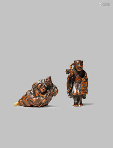 TWO JAPANESE WOOD NETSUKE EDO/MEIJI PERIODS One carved as Benkei emerging from a large conch while