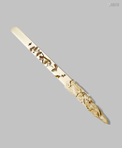 A JAPANESE IVORY SHIBAYAMA-STYLE LETTER OPENER MEIJI 1868-1912 The long shaft decorated with birds