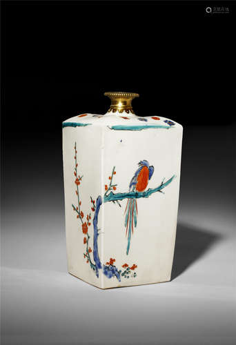 A RARE JAPANESE KAKIEMON BOTTLE, TOKKURI C.1690 The square-section body decorated in iron-red, blue,