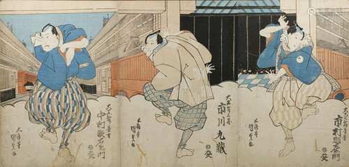 TWO JAPANESE WOODBLOCK PRINTS, UKIYO-E MEIJI 1868-1912 Both triptychs, one depicting many figures in