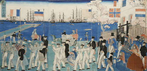 THREE JAPANESE WOODBLOCK PRINTS, UKIYO-E MEIJI 1868-1912 One depicting a procession of foreigners