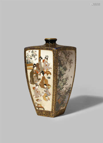 A JAPANESE SATSUMA VASE MEIJI 1868-1912 The tall body with four panels respectively decorated with