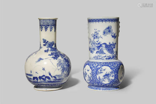 TWO JAPANESE BLUE AND WHITE SETO WARE VASES 20TH CENTURY One with a bulbous body and a tall neck