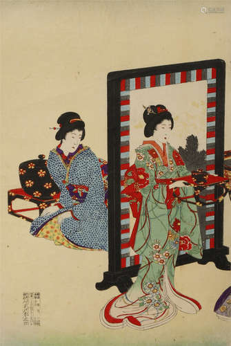 THREE JAPANESE WOODBLOCK PRINTS, UKIYO-E MEIJI 1868-1912 The first by Chikanobu Yoshu (1838-1912)