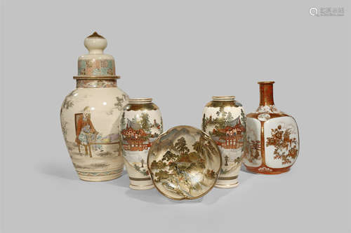 A SMALL COLLECTION OF JAPANESE CERAMICS MEIJI 1868-1912 Comprising four Satsuma vessels, one a large