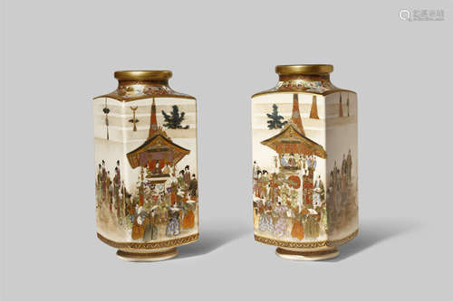 A PAIR OF JAPANESE SATSUMA VASES MEIJI 1868-1912 The tall rectangular bodies finely painted with