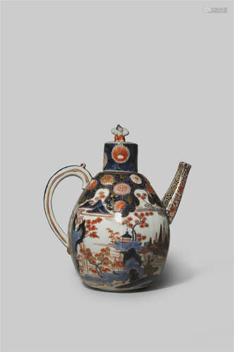 A RARE JAPANESE IMARI EWER AND COVER C.1700 The hexagonal body finely painted in underglaze blue,