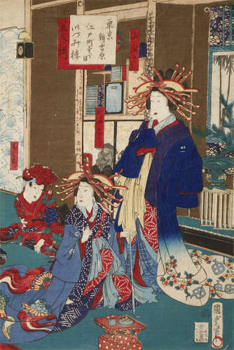 FOUR JAPANESE WOODBLOCK PRINTS, UKIYO-E EDO AND MEIJI PERIODS The first by Chikanobu Yoshu (1838-