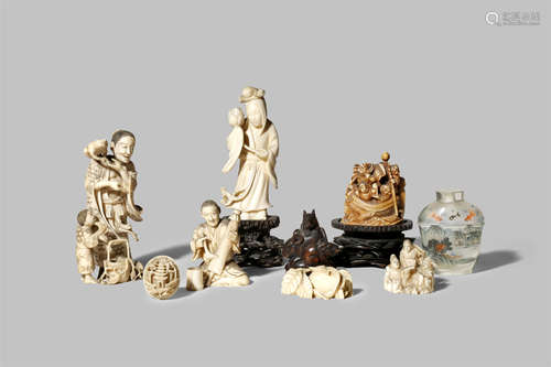 A SMALL COLLECTION OF ASIAN ITEMS 18TH/19TH CENTURIES Comprising three Japanese ivory okimono,