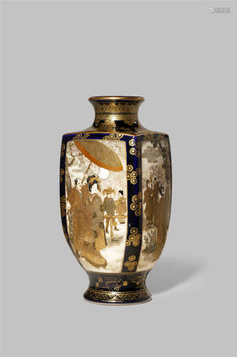 A JAPANESE SATSUMA VASE BY HODODA MEIJI 1868-1912 The tall rectangular body decorated with panels of