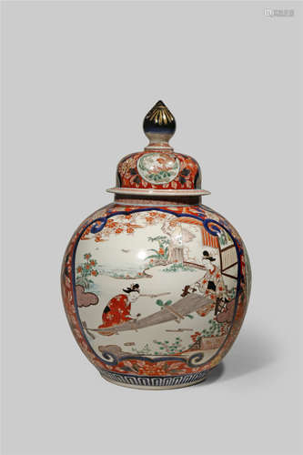 A JAPANESE IMARI BALUSTER VASE AND COVER 20TH CENTURY The bulbous body decorated with two shaped