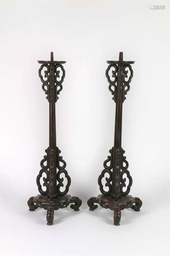 Pair of Chinese Carved Wood Candle Holder