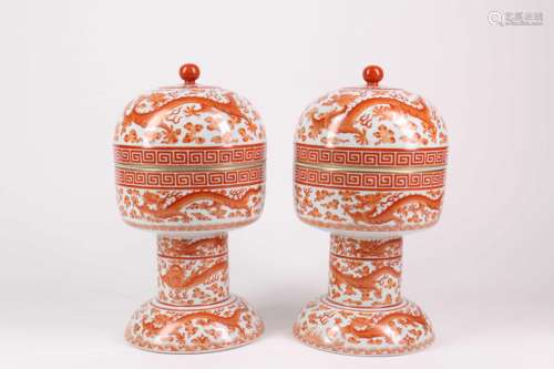 Pair of Chinese Iron Red Porcelain Boxes