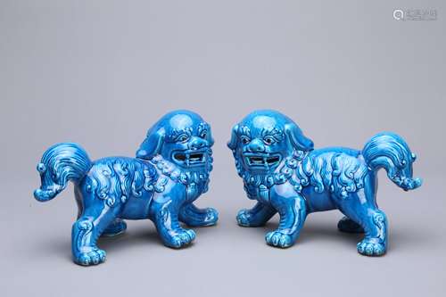 Pair of Chinese Blue Glazed Porcelain Foo Dogs