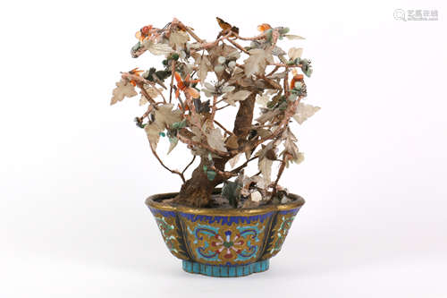 A Chinese Cloisonné Flower Pot with Jade Leaves Decoration