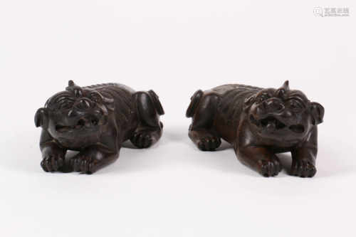 Pair Of Chinese Carved Wood Foo Dogs