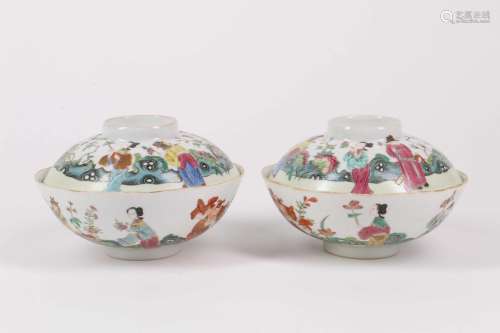 Pair of Chinese Famille-Rose Porcelain Cups with Cover