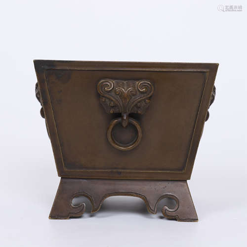 CHINESE BRONZE BEAST LOOP HANDLE SQUARE CENSER