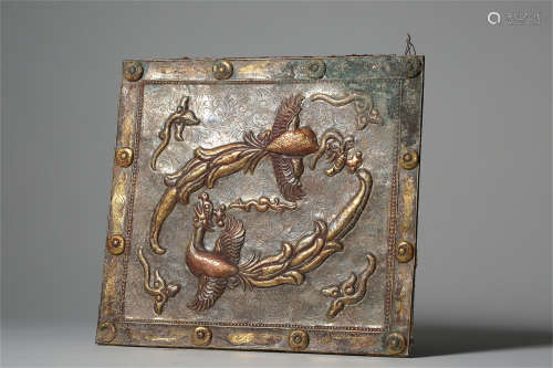 CHINESE BRONZE ENGRAVED PHOENIX SQUARE PLAQUE LIAO DYNASTY